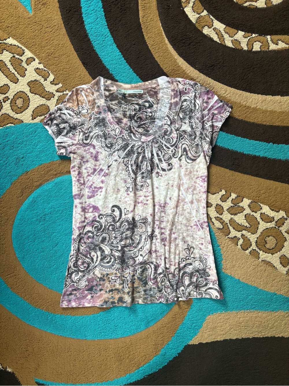 Maurices Multi-Color Scoop Neck Paisley Patterned Tee
